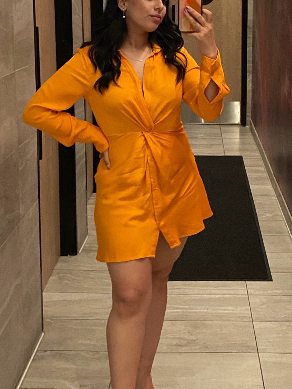 Zara Twist-Front Satin Shirt Mini Dress in Bright Orange